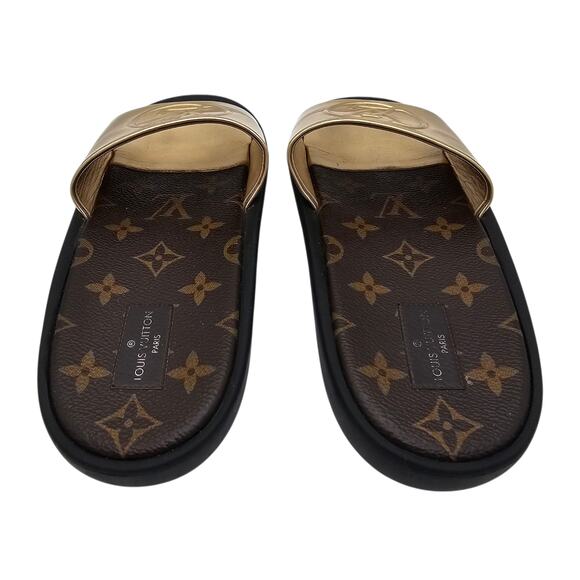 Louis Vuitton Sunbath Slide Sandal Flat Gold Brown Monogram Canvas Size 38 US 8 - Picture 6 of 12